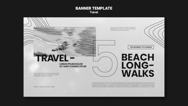 Plantilla de banner horizontal monocromático para relajantes caminatas en la playa