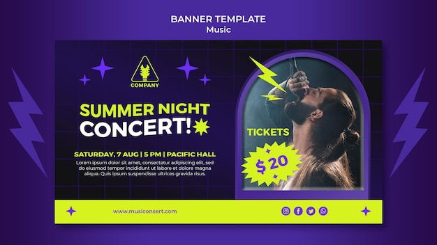 PSD gratuito plantilla de banner horizontal de neón para concierto nocturno de verano