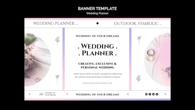 Plantilla de banner horizontal de planificador de bodas con colores pastel degradados