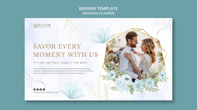 Plantilla de banner horizontal de planificador de bodas con diseño floral de acuarela