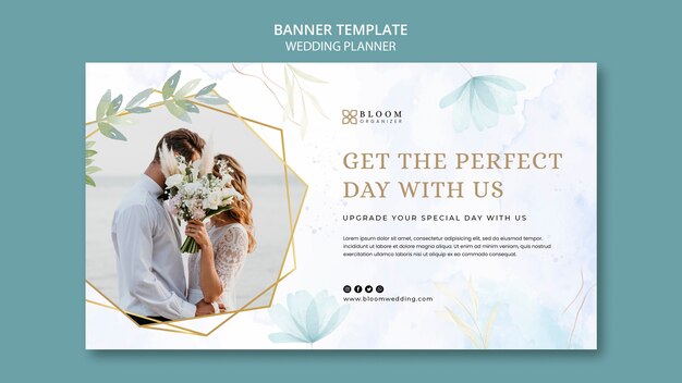 Plantilla de banner horizontal de planificador de bodas con diseño floral de acuarela