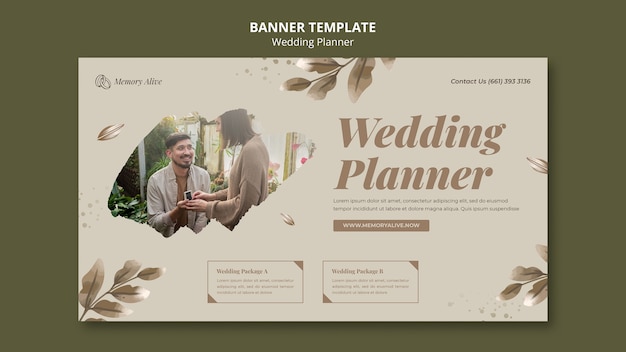 Plantilla de banner horizontal de planificador de bodas con hojas de acuarela