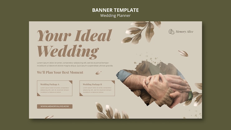 PSD gratuito plantilla de banner horizontal de planificador de bodas con hojas de acuarela