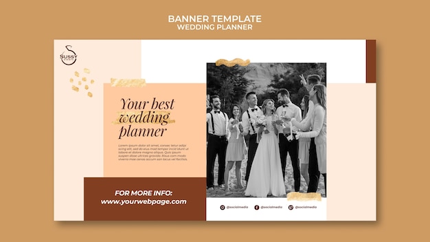 PSD gratuito plantilla de banner horizontal de planificador de bodas con marcas de pluma doradas