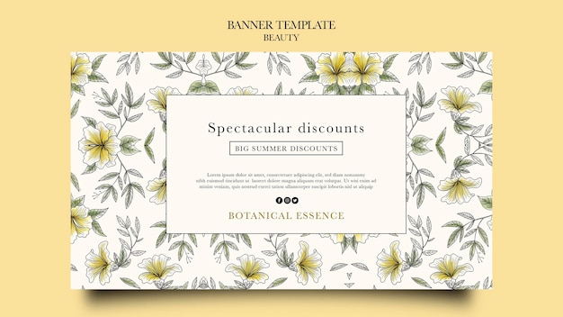 Plantilla de banner horizontal para productos de belleza con flores dibujadas a mano
