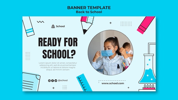 PSD gratuito plantilla de banner horizontal de regreso a la escuela con niño con mascarilla