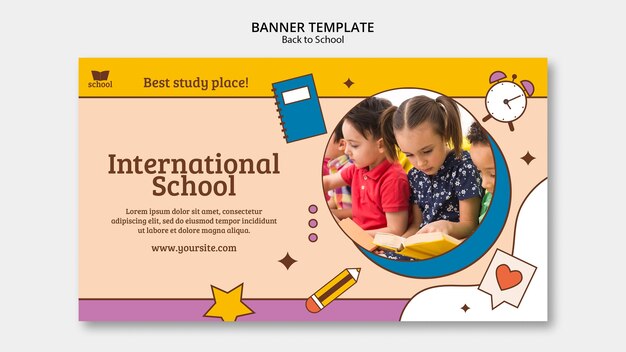 Plantilla de banner horizontal de regreso a la escuela con útiles escolares