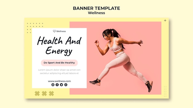 Plantilla de banner horizontal para salud y bienestar con mujer haciendo fitness