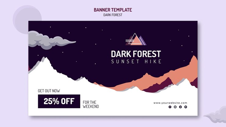 PSD gratuito plantilla de banner horizontal para senderismo en el bosque oscuro