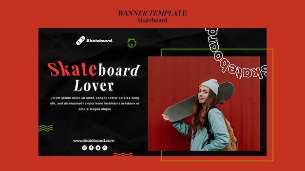 Plantilla de banner horizontal para skate con mujer