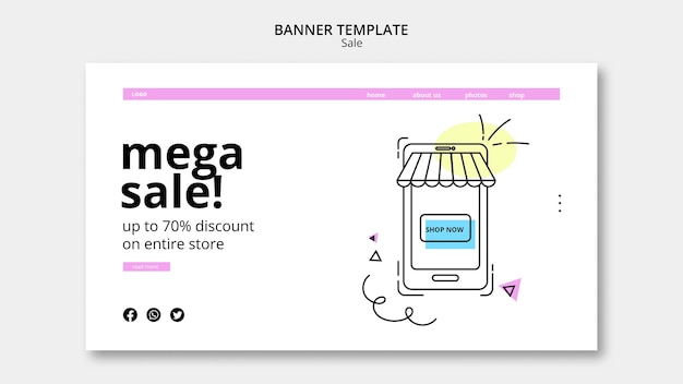 PSD gratuito plantilla de banner horizontal de venta con diseño dibujado a mano