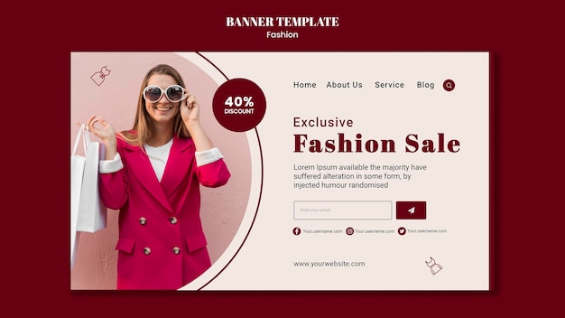 PSD gratuito plantilla de banner horizontal para venta de moda con mujer y bolsas de compras.