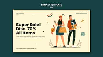 PSD gratuito plantilla de banner horizontal en venta con personas y bolsas de compras.