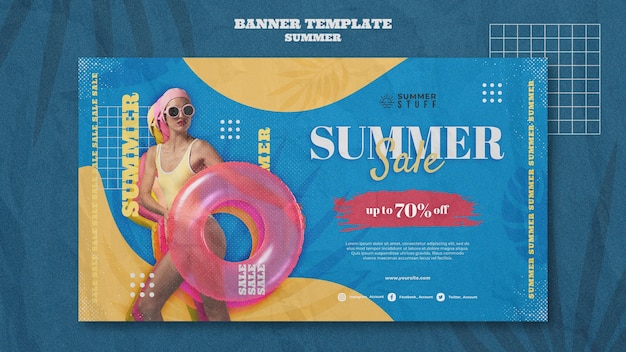 PSD gratuito plantilla de banner horizontal para venta de verano con mujer.