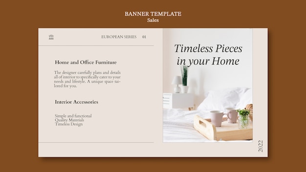 PSD gratuito plantilla de banner horizontal de ventas de decoración de interiores con muebles