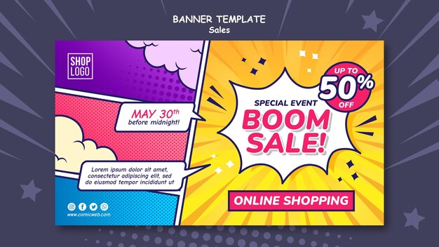 Plantilla de banner horizontal para ventas en estilo cómic