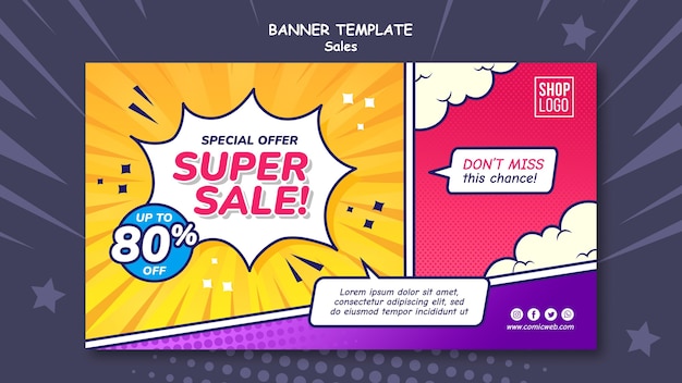 Plantilla de banner horizontal para ventas en estilo cómic