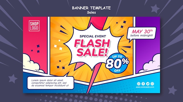 PSD gratuito plantilla de banner horizontal para ventas en estilo cómic