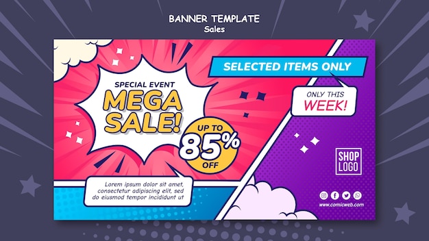 PSD gratuito plantilla de banner horizontal para ventas en estilo cómic