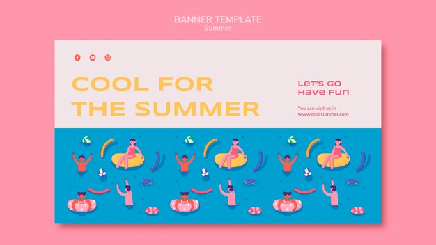 Plantilla de banner horizontal de verano con gente en la piscina