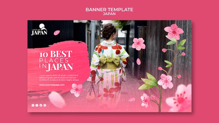 PSD gratuito plantilla de banner horizontal para viajar a japón con mujer y flor de cerezo
