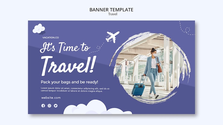 PSD gratuito plantilla de banner horizontal para viajar con mujer con mascarilla
