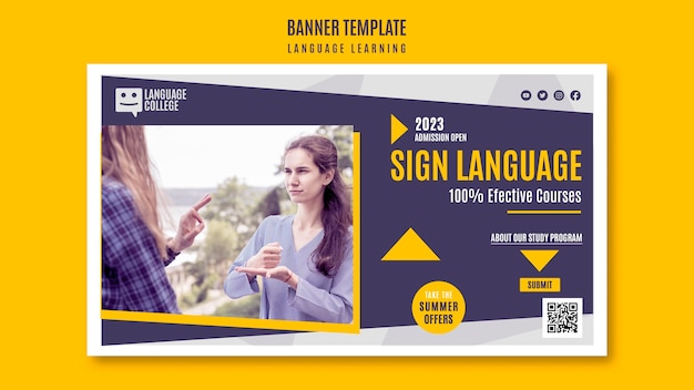 Plantilla de banner de idioma de aprendizaje de diseño plano