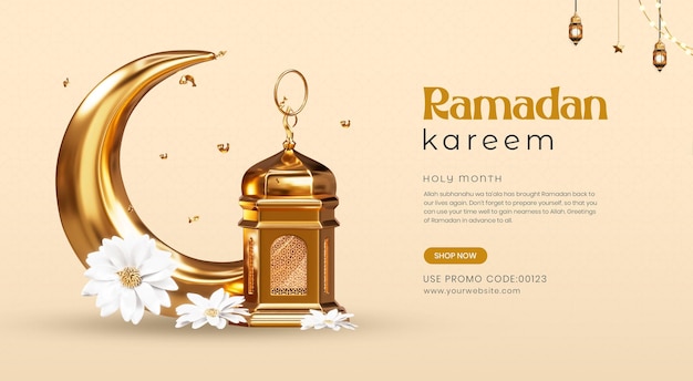 Plantilla de banner islámico de ramadan kareem con luna creciente y linterna