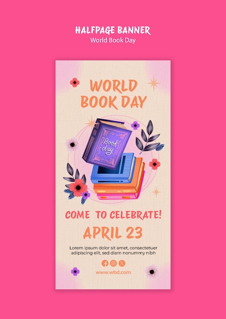 PSD gratuito plantilla de banner de media página para la celebración del día mundial del libro