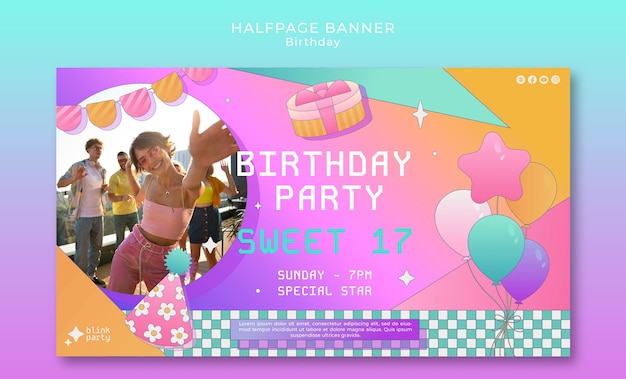 plantilla de banner de mitad de página de la fiesta de cumpleaños gradiente