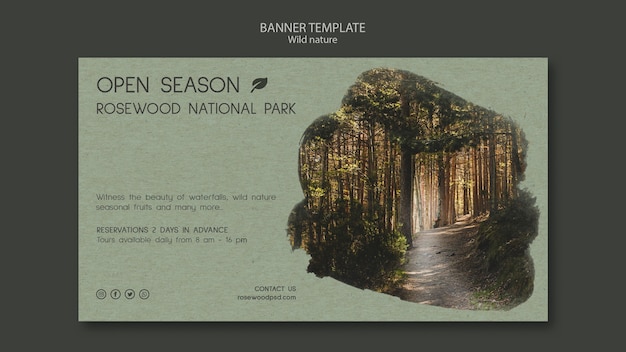 Plantilla de banner de parque nacional de palo de rosa con bosque