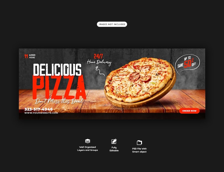 PSD gratuito plantilla de banner de portada de facebook de menú de comida y pizza deliciosa