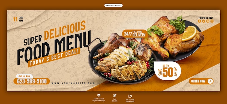 PSD gratuito plantilla de banner de portada de facebook para el menú de comida y restaurante