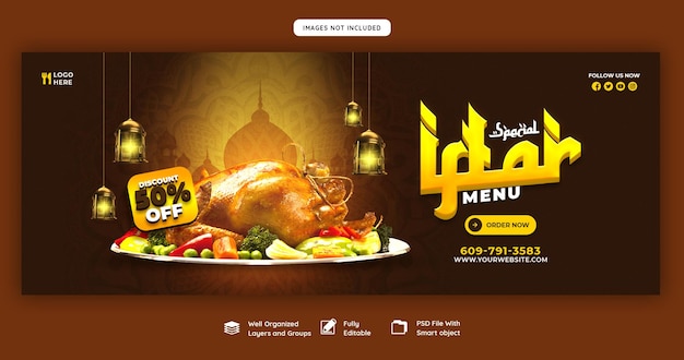 PSD gratuito plantilla de banner de portada de facebook de menú especial de comida y iftar de ramadán kareem