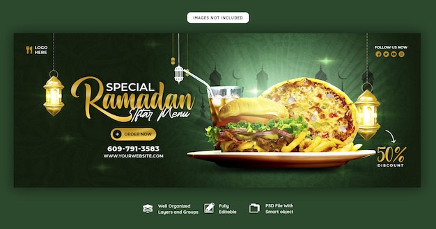 PSD gratuito plantilla de banner de portada de facebook de menú especial de comida y iftar de ramadán kareem