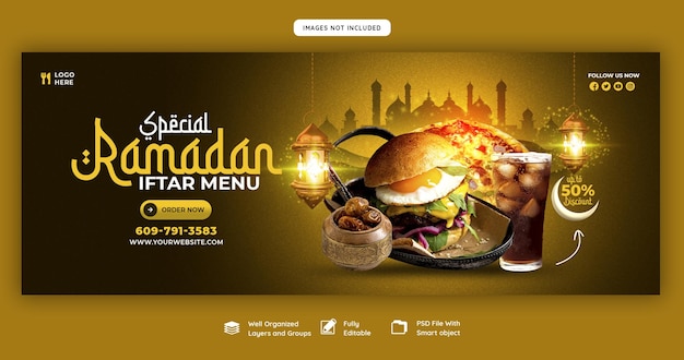 Plantilla de banner de portada de Facebook de menú especial de comida y iftar de Ramadán Kareem