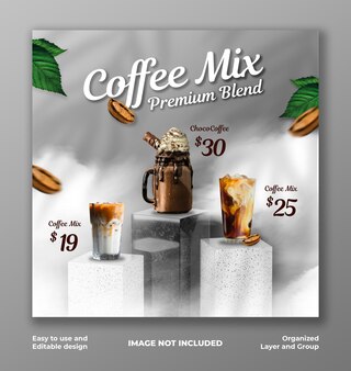 Plantilla de banner de publicación de instagram de redes sociales de promoción de menú de bebidas de cafetería