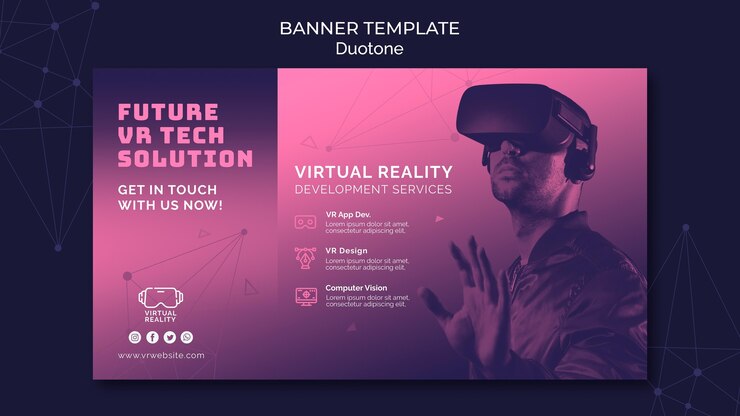 PSD gratuito plantilla de banner de realidad virtual en duotono