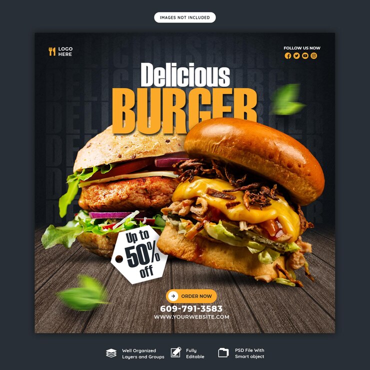 PSD gratuito plantilla de banner de redes sociales de menú de comida y hamburguesas deliciosas