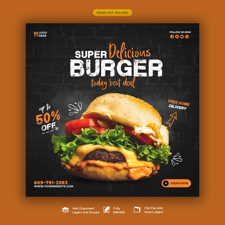 PSD gratuito plantilla de banner de redes sociales de menú de comida y hamburguesas deliciosas