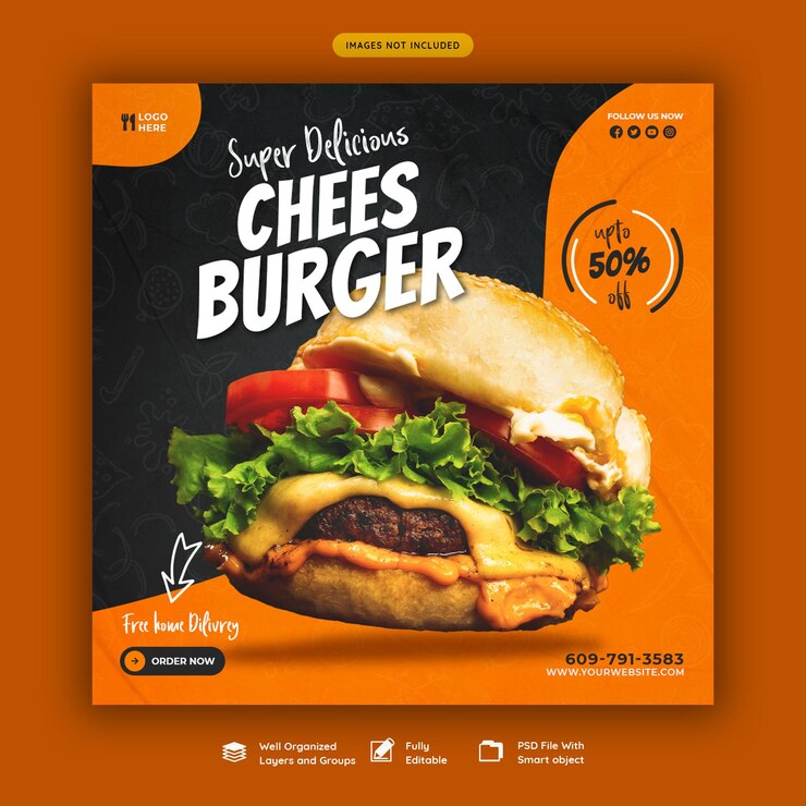 PSD gratuito plantilla de banner de redes sociales de menú de comida y hamburguesas deliciosas