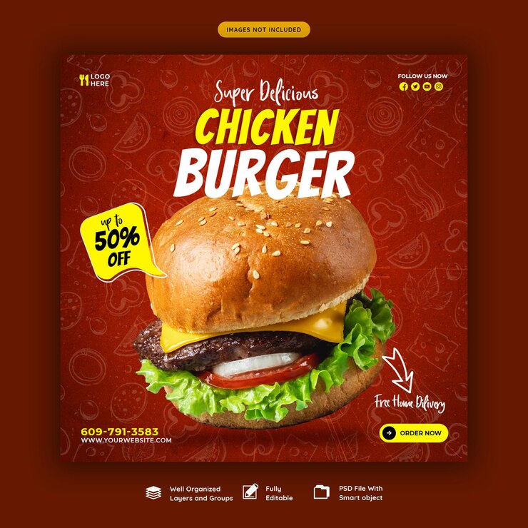 PSD gratuito plantilla de banner de redes sociales de menú de comida y hamburguesas deliciosas