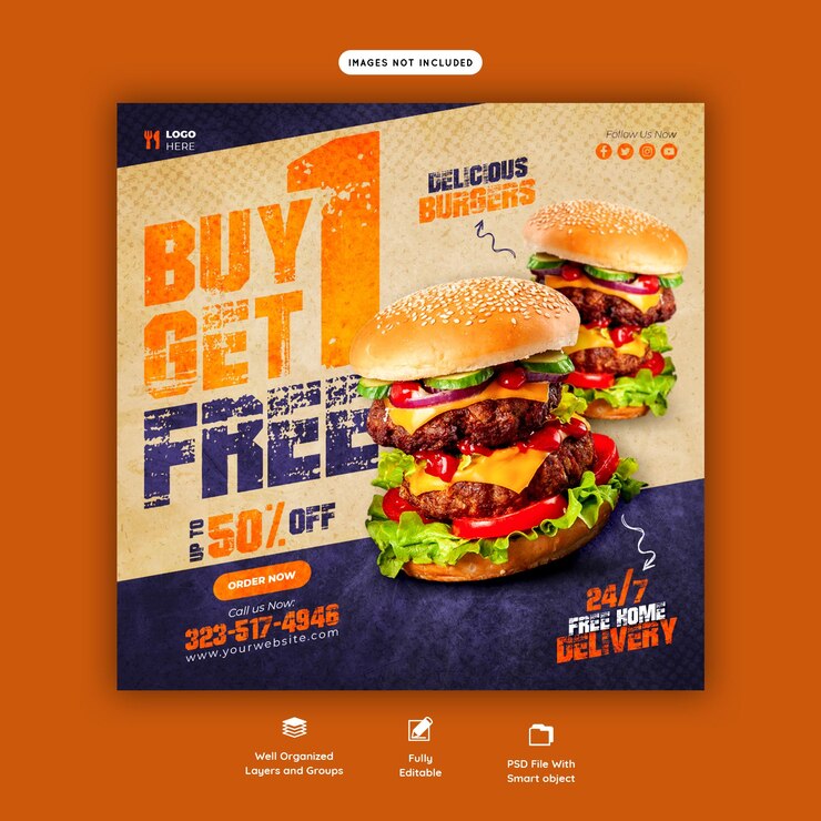 PSD gratuito plantilla de banner de redes sociales de menú de comida y hamburguesas deliciosas