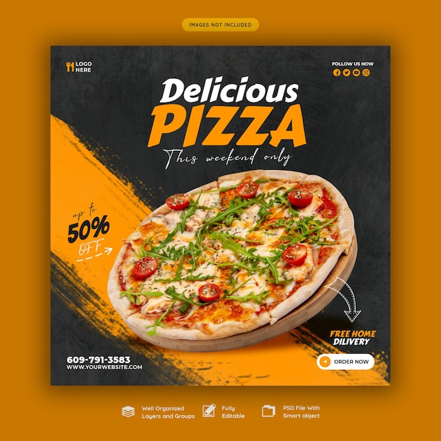 Plantilla de banner de redes sociales de menú de comida y pizza deliciosa