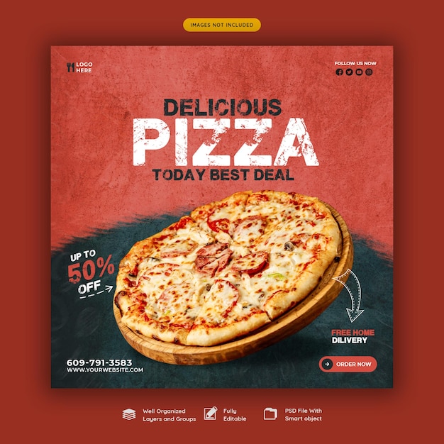 Plantilla de banner de redes sociales de menú de comida y pizza deliciosa