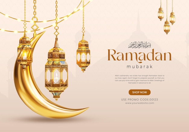 PSD gratuito plantilla de banner de redes sociales de ramadan kareem 3d con linternas islámicas y de media luna