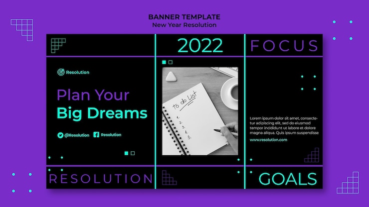 PSD gratuito plantilla de banner de resoluciones de año nuevo oscuro