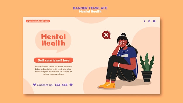 PSD gratuito plantilla de banner de salud mental con ilustración