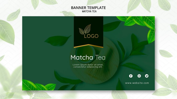 PSD gratuito plantilla de banner de té matcha con hojas