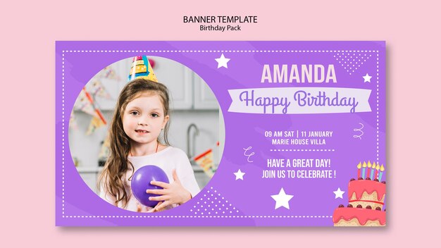 Plantilla de banner con tema de invitación de cumpleaños